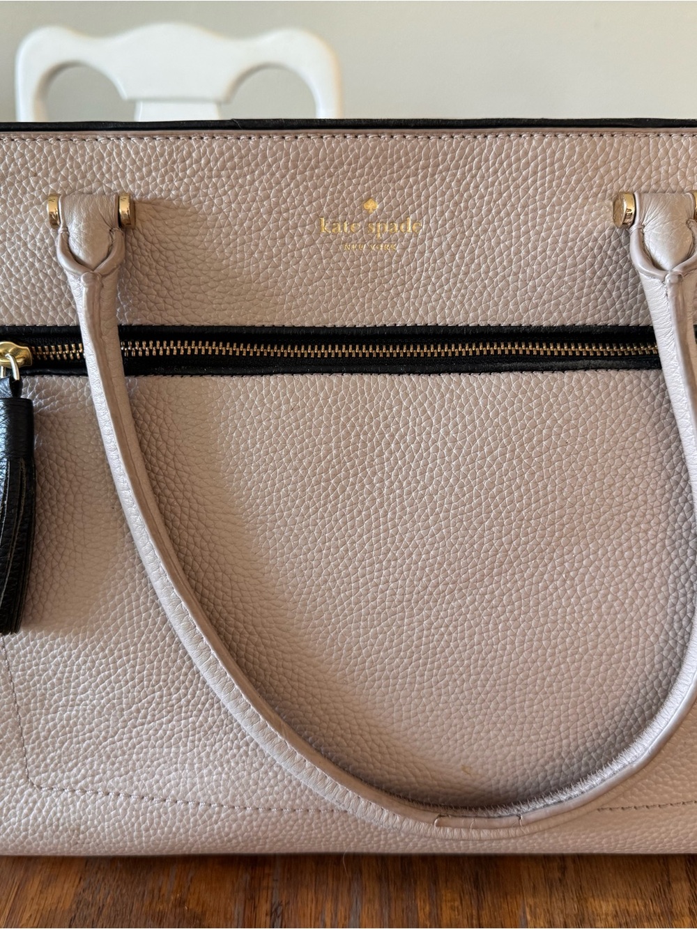 kate spade pebble leather tote in light taupe with black trim